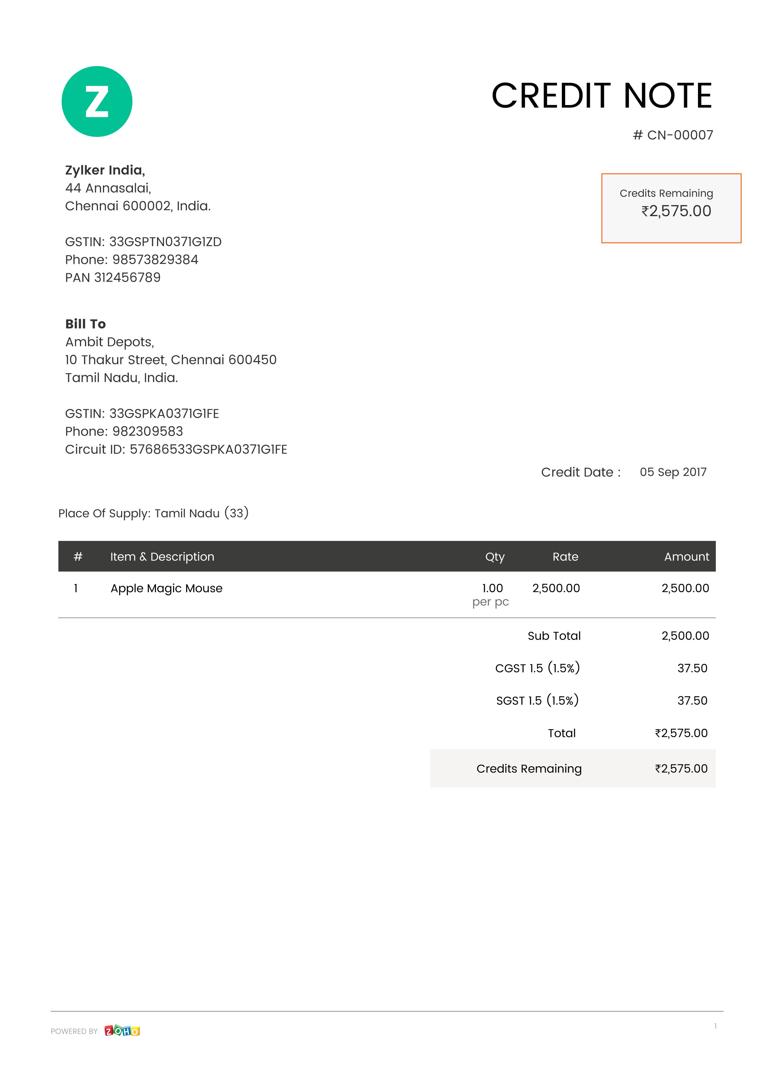 Credit Note Zoho Books