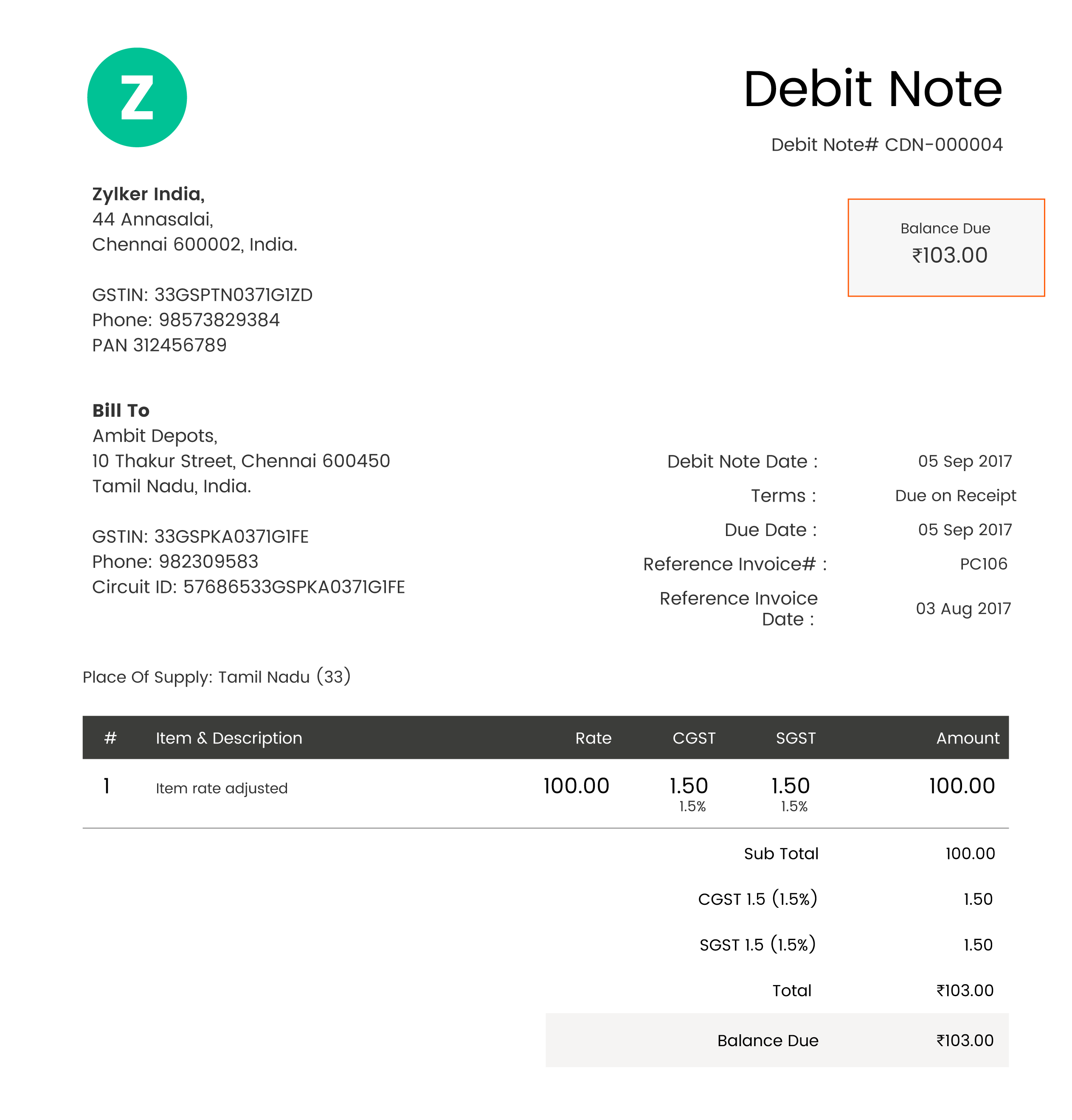 debit note sample