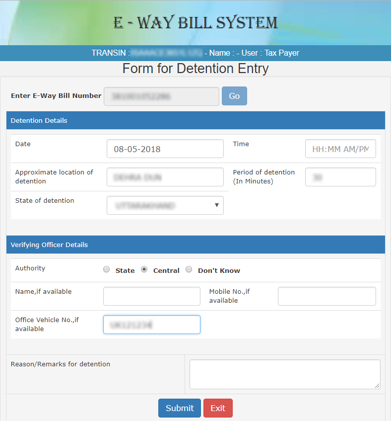 FORM FOR DETENTION ENTRY