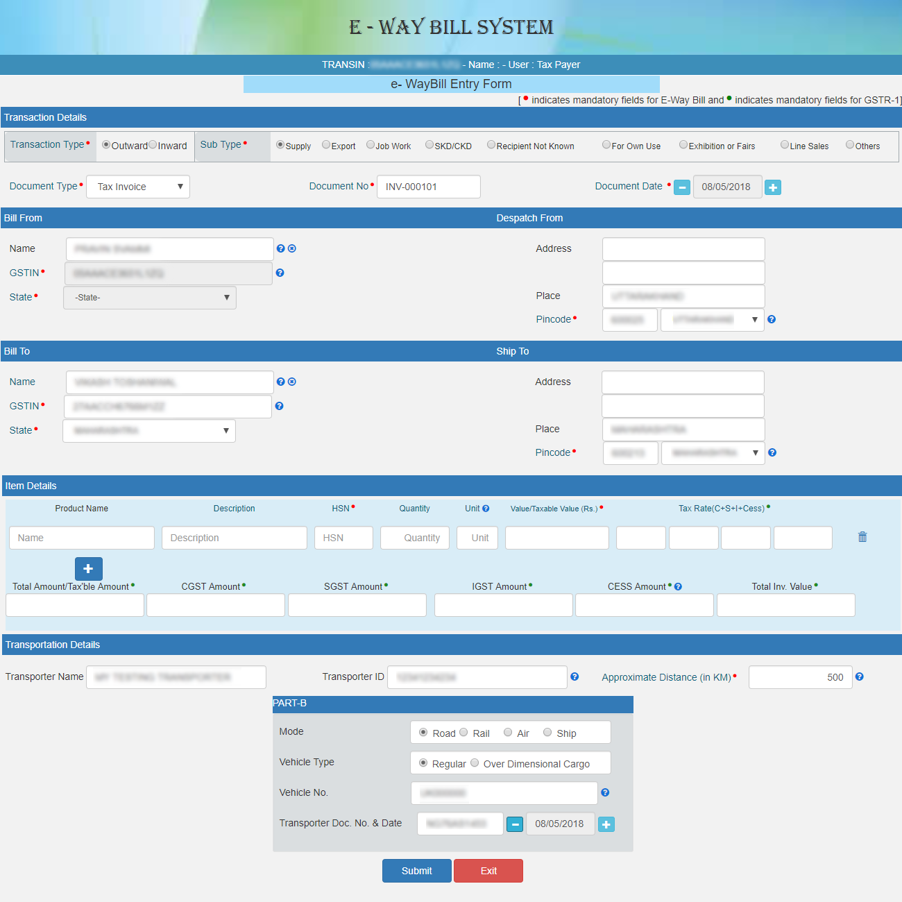 GENERATING A NEW e-WAY BILL