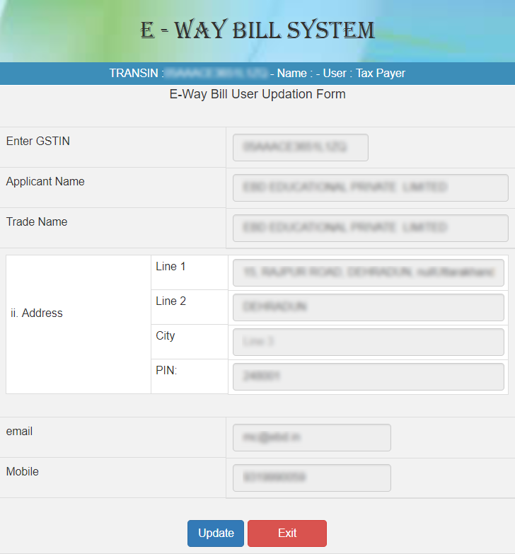 e-WAY BILL USER UPDATION FORM