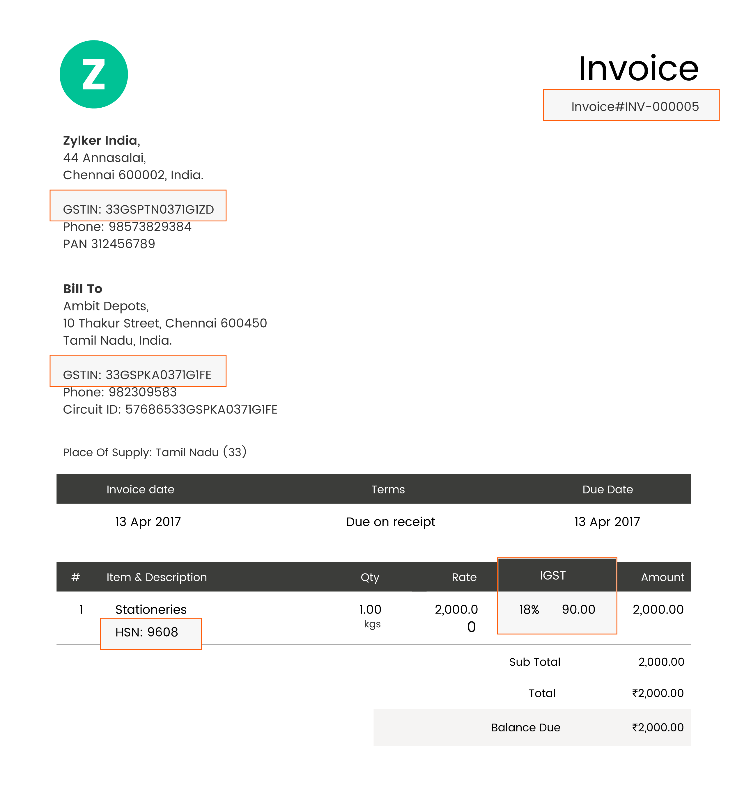 Tax Invoice Zoho Books