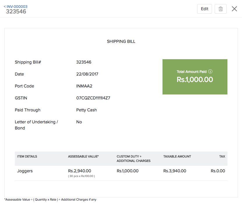 shipping bill details