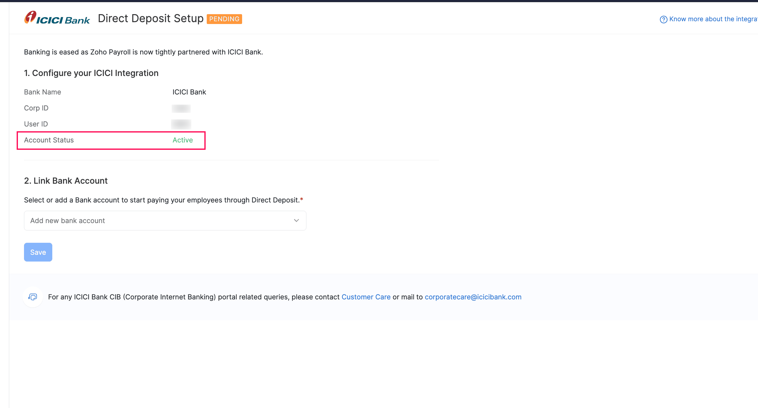 Bank Account Status of ICICI Direct Deposit Setup