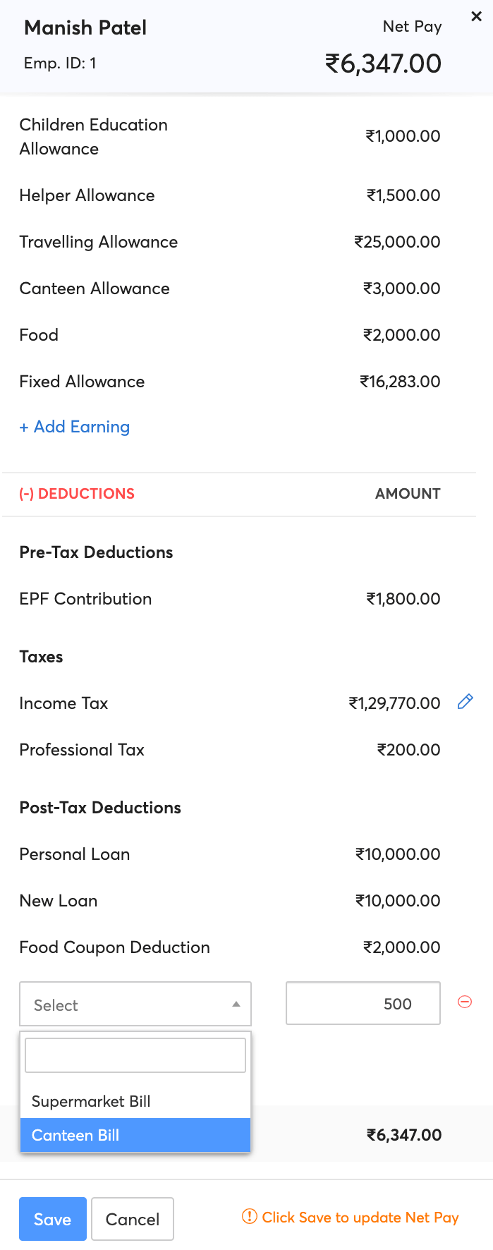 Adding One-time Deductions