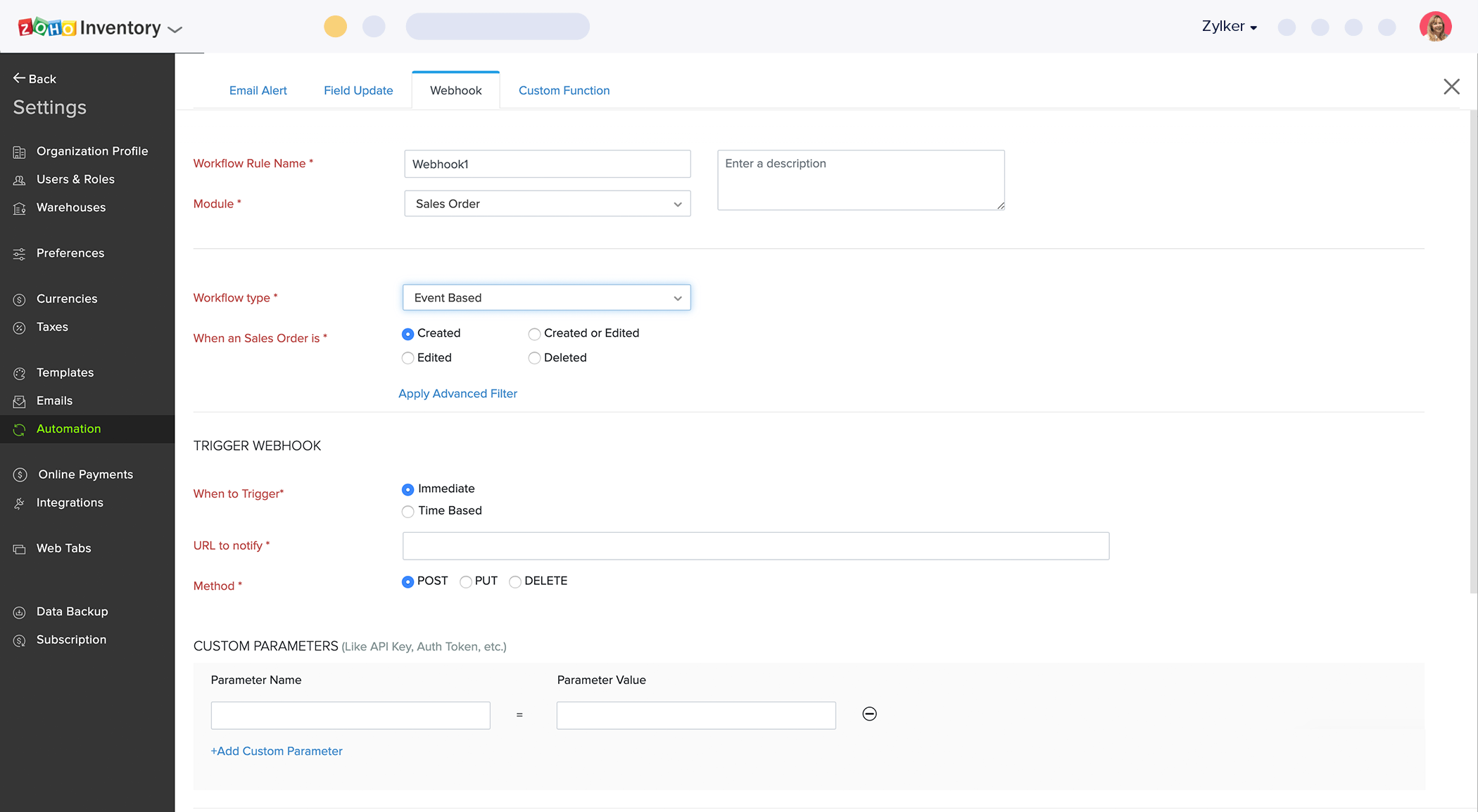 Automate your work with webhooks and custom functions | Zoho Inventory