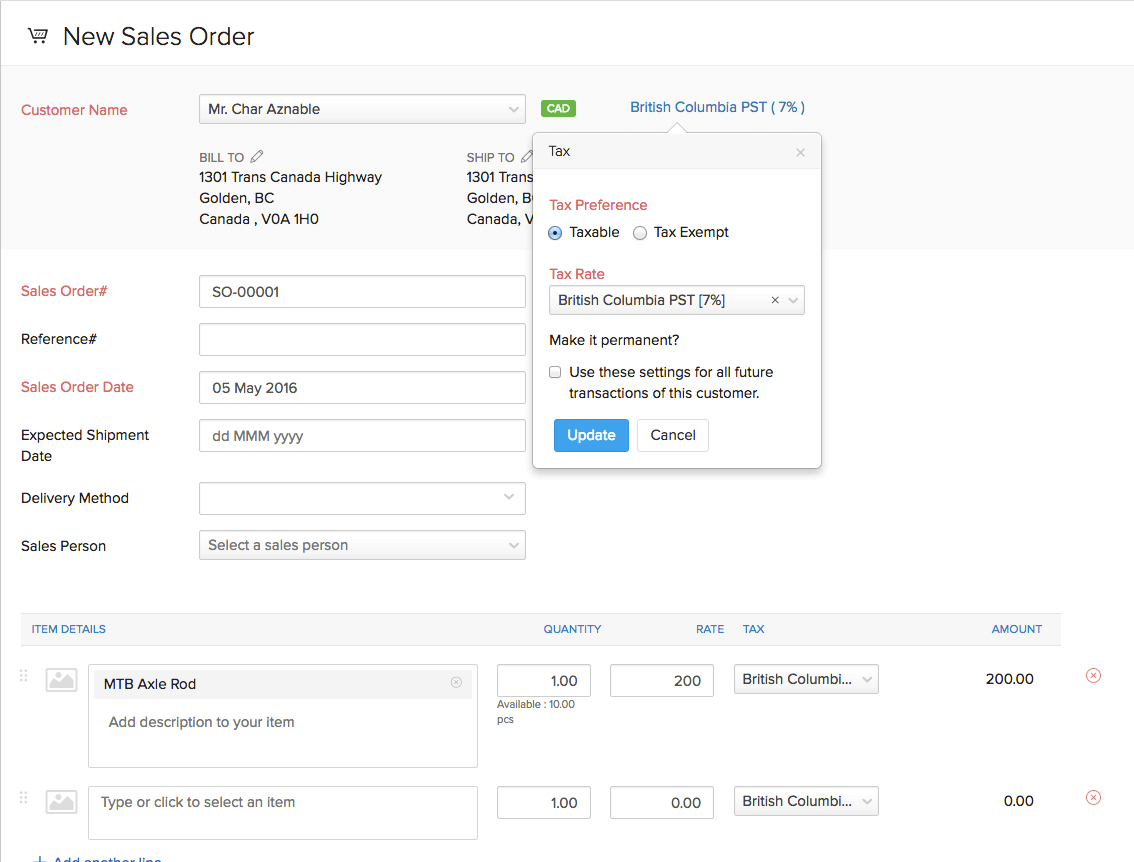 Zoho Inventory Canada GST PST and HST