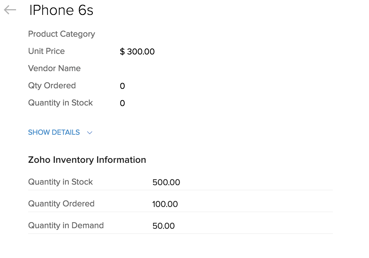 Product inventory details in CRM