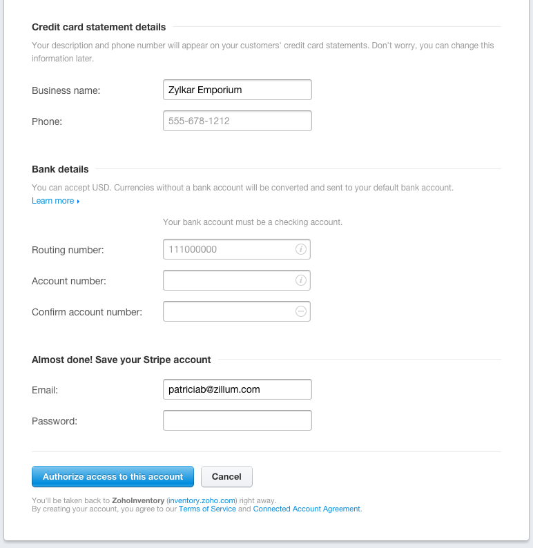 Stripe setup page - bottom