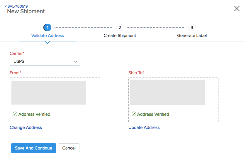 USPS Integration page in Zoho Inventory