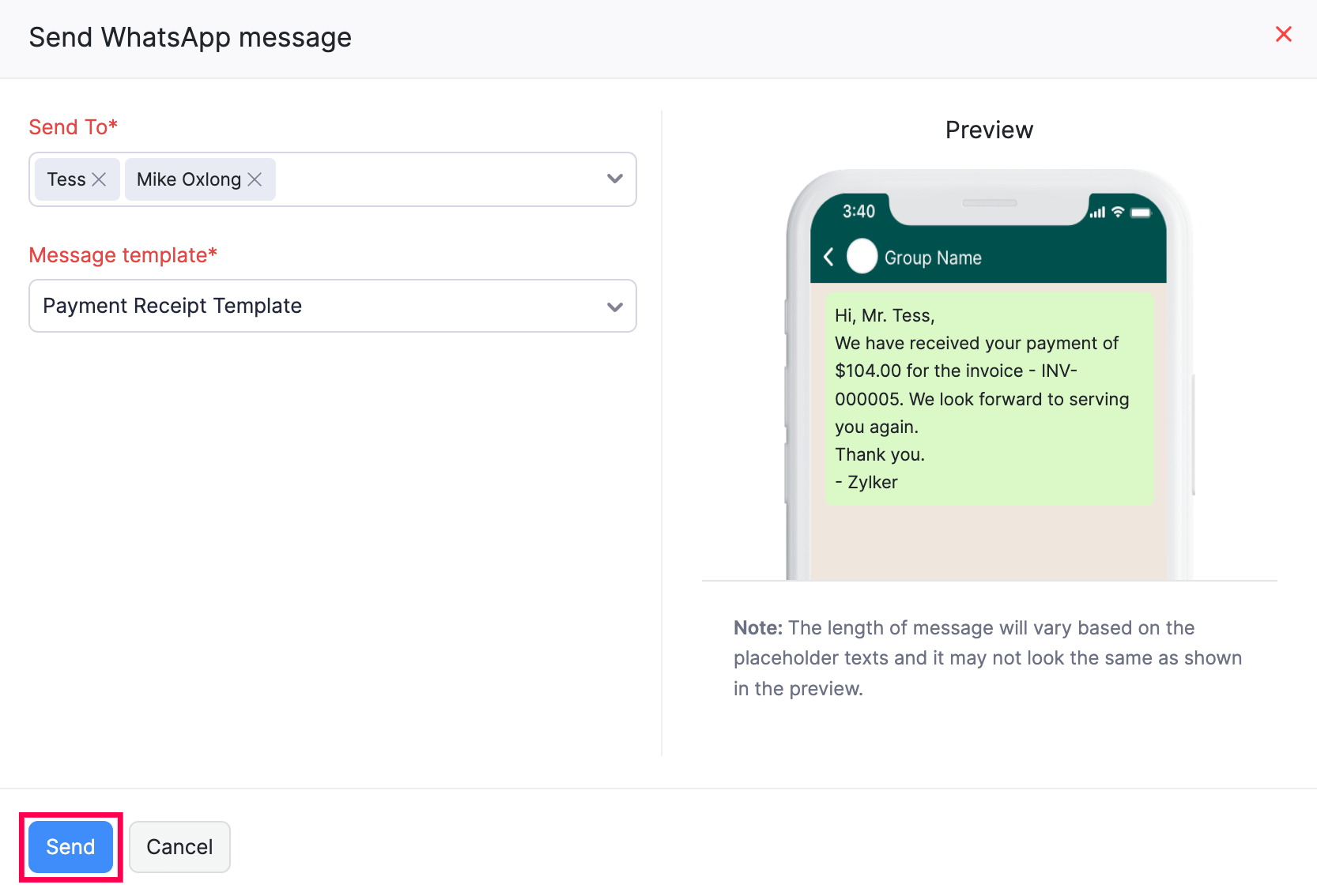 Send WhatsApp Message - Payment Receipt