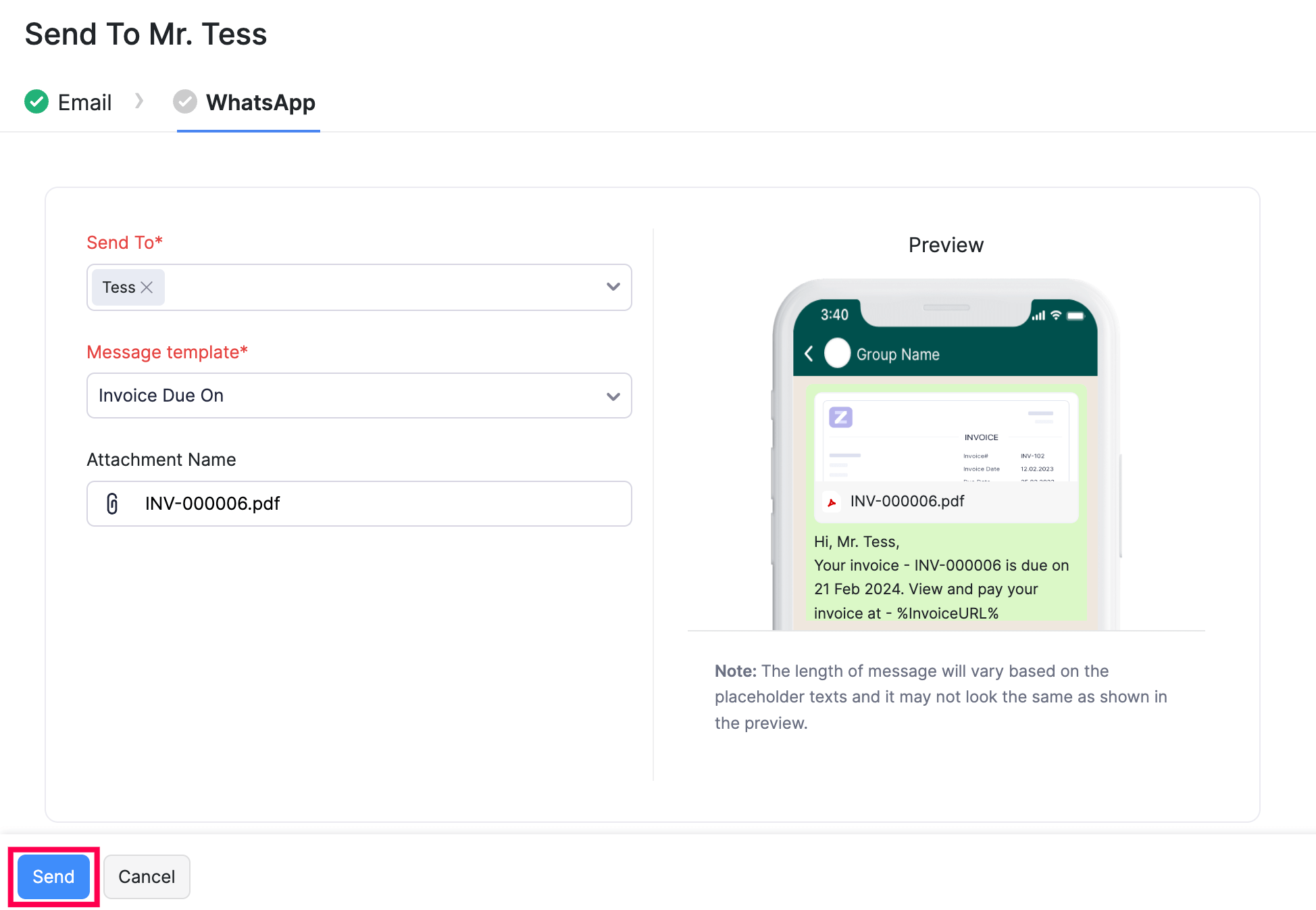 Send WhatsApp Message Invoice Template