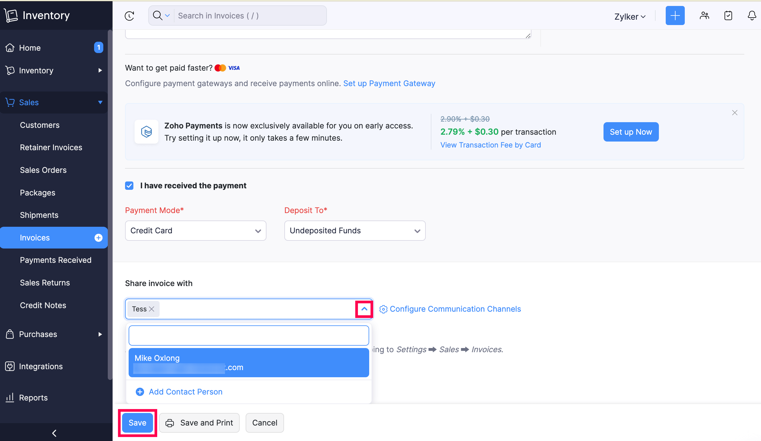 Share Invoice with drop-down