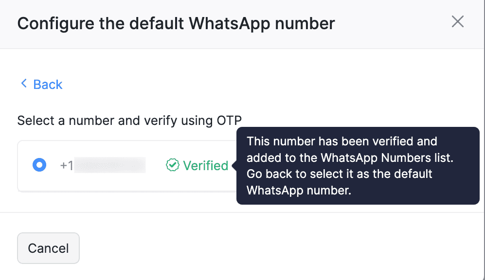 Configure Default WhatsApp Number Verified