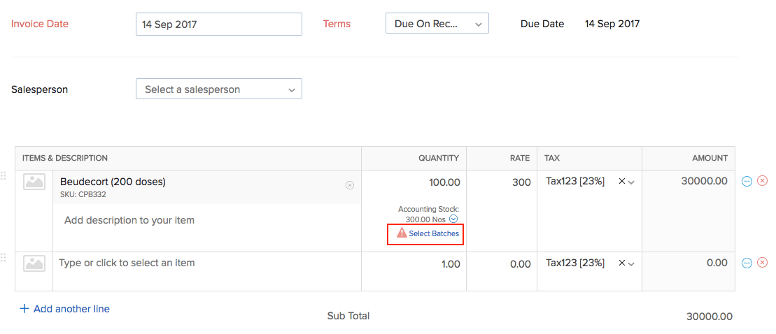 Select batches option in invoice