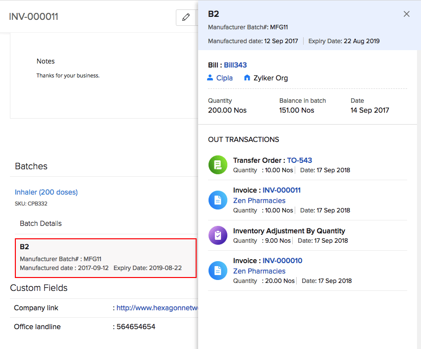 Transaction history of a batch number from an invoice page