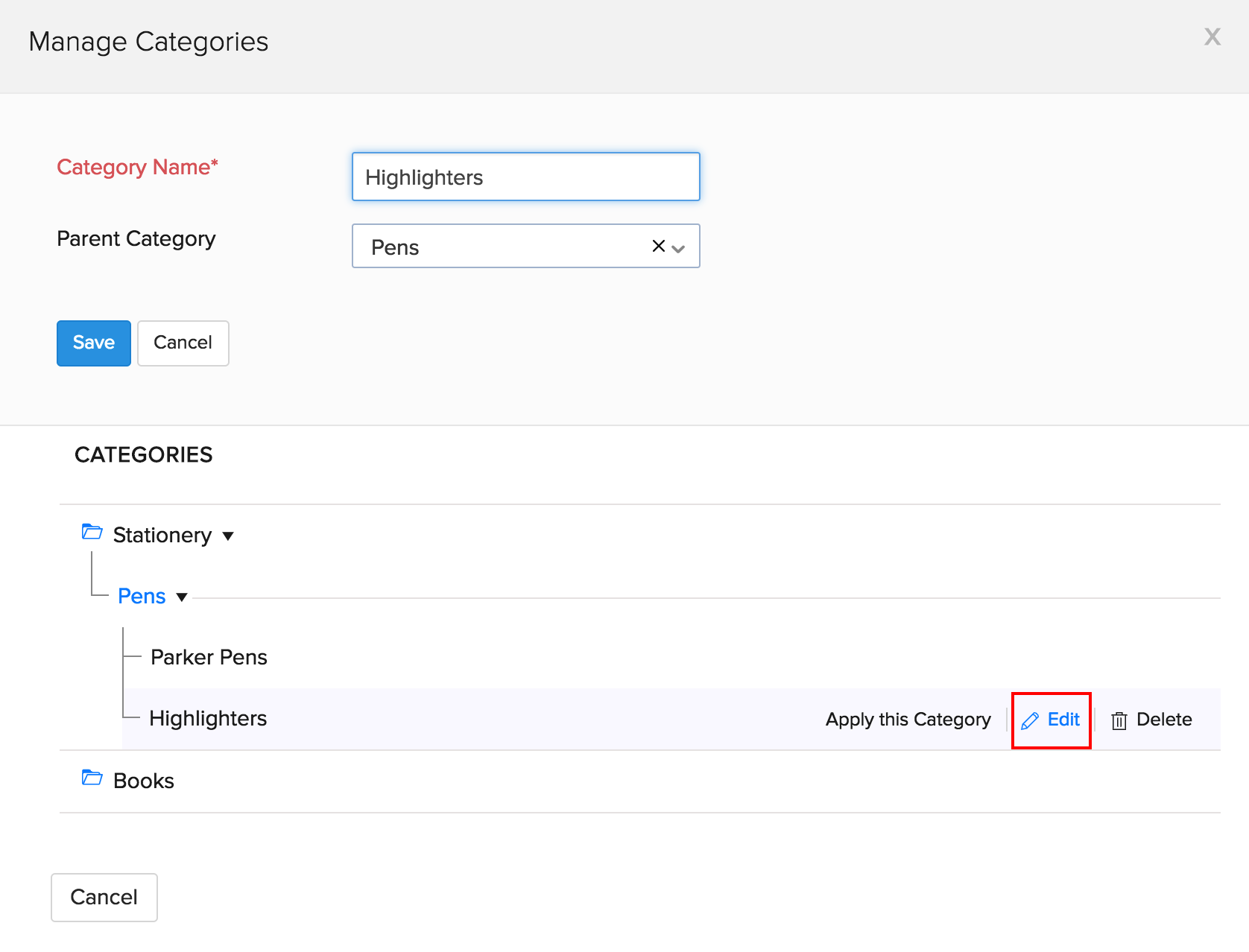 Zoho Inventory Item Categories