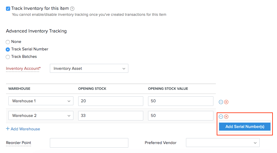 Add serial numbers to the opening stock of an item