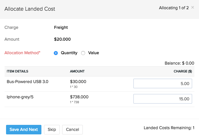 Allocating landed costs to items in a bill in Zoho Inventory