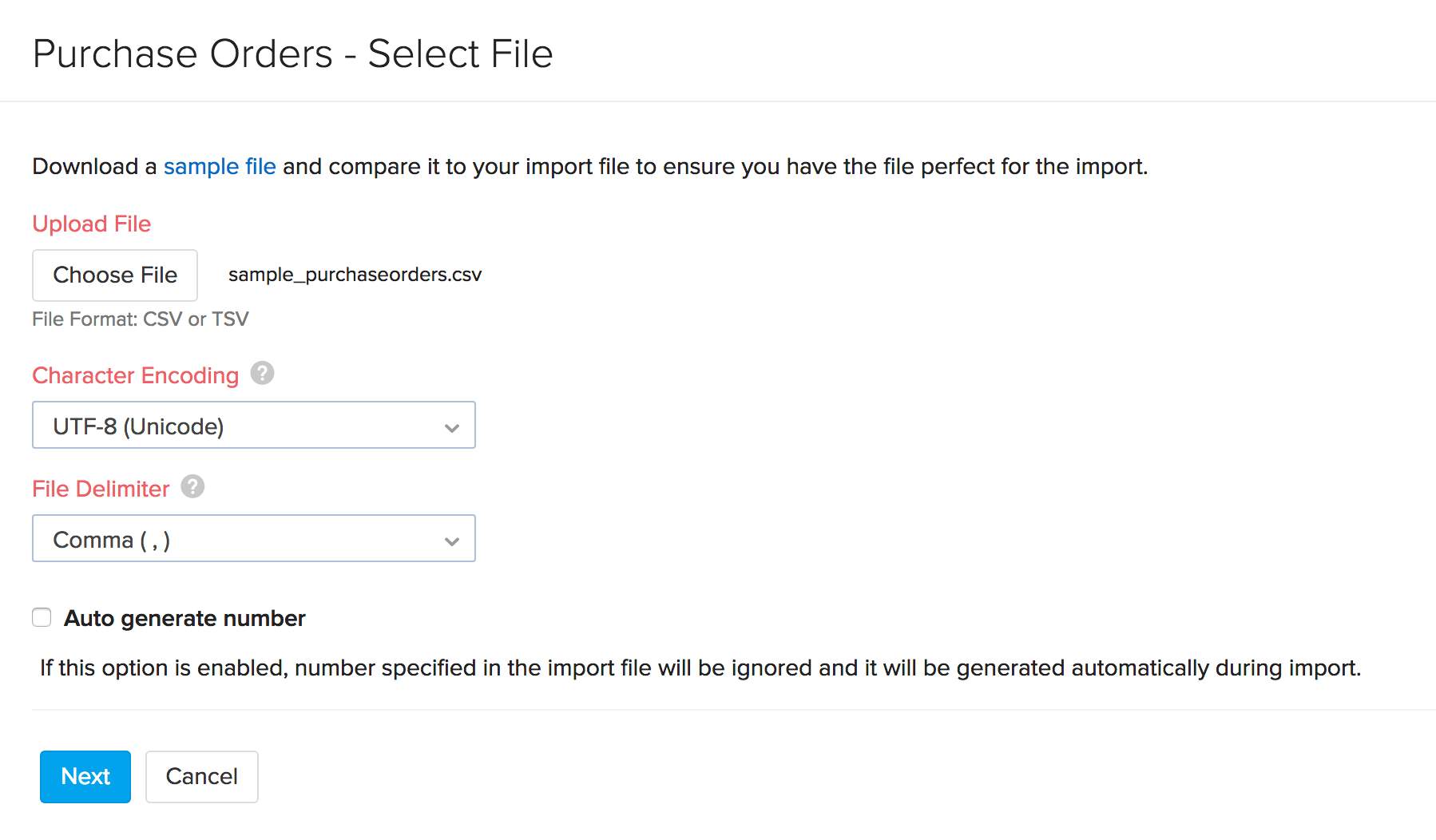 Import purchase orders page