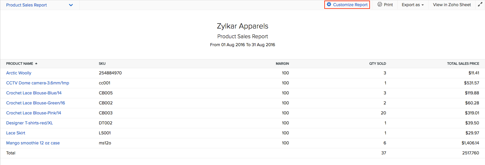 product sales report zoho books