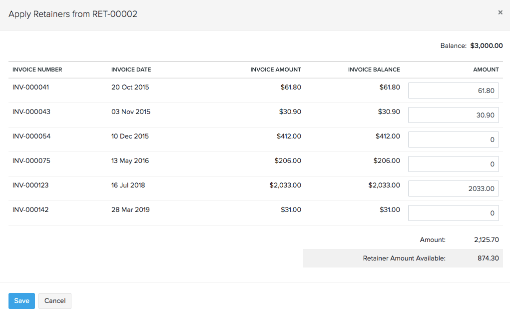 Apply retainer amount to invoices