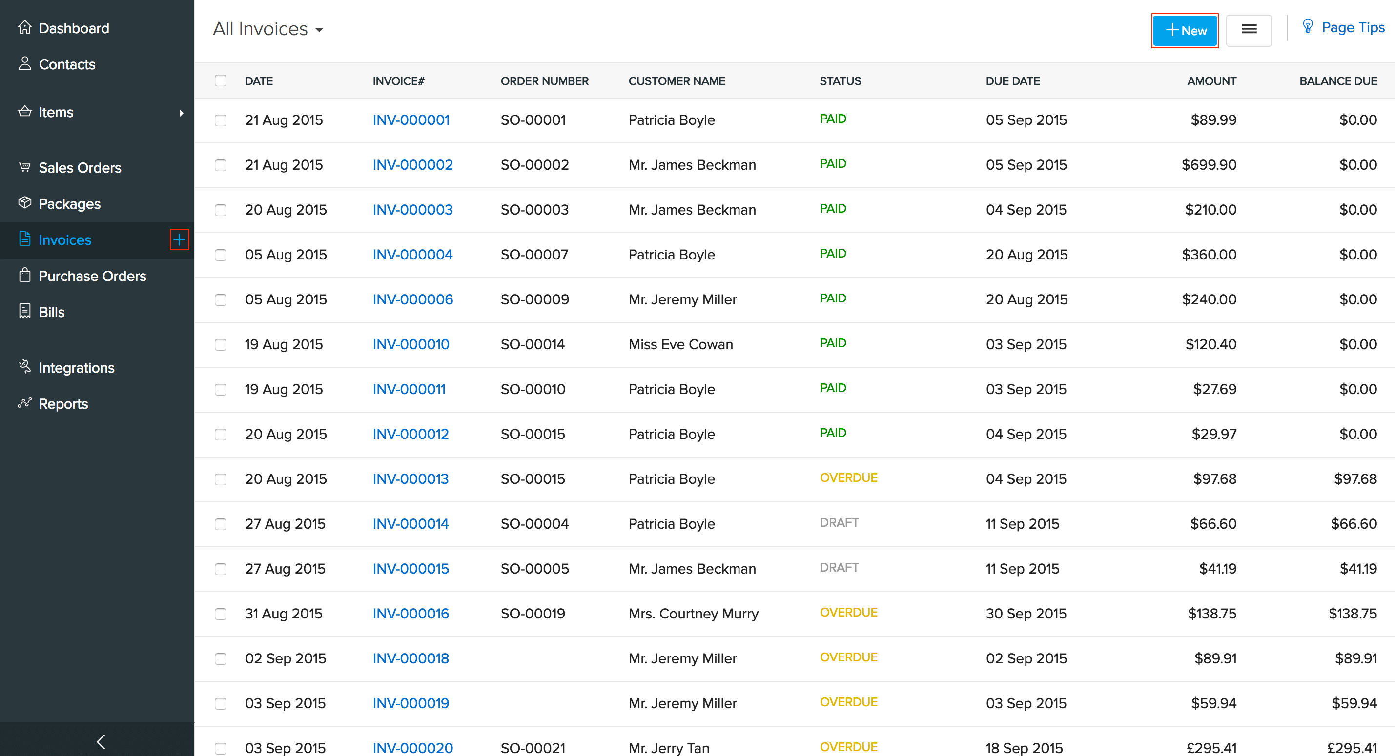 Invoice creation buttons