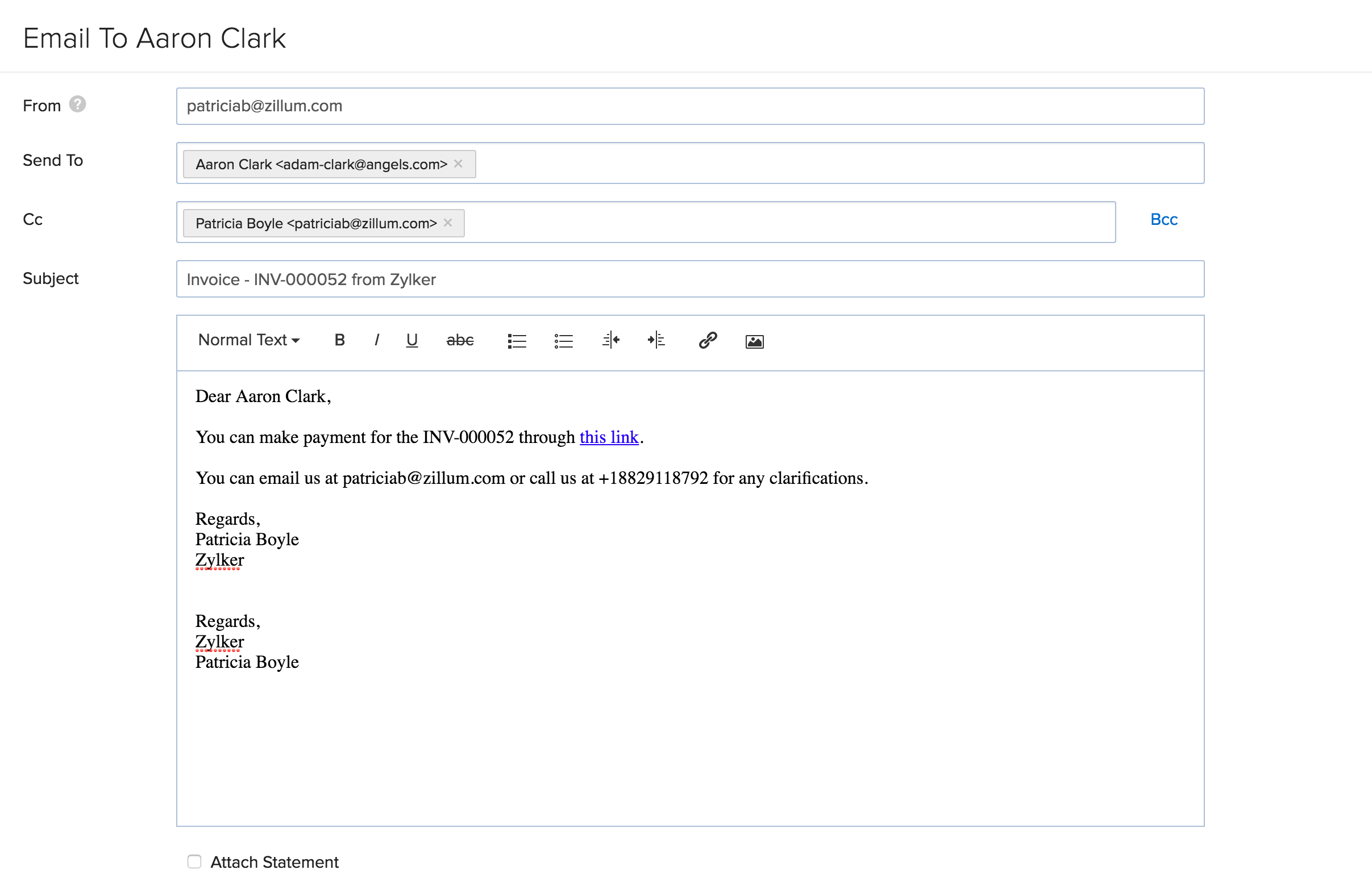 mail format for sending invoice to customer