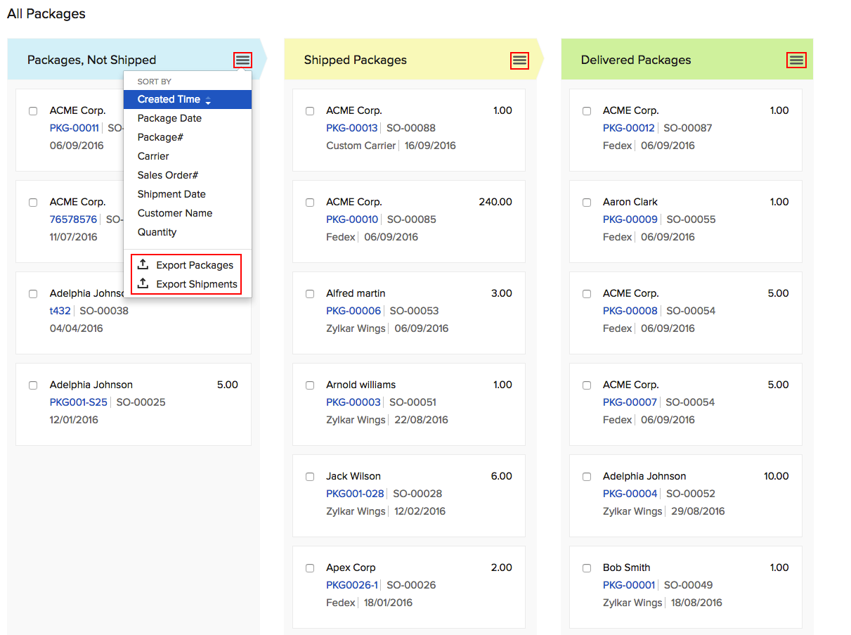 Exporting packages and shipments