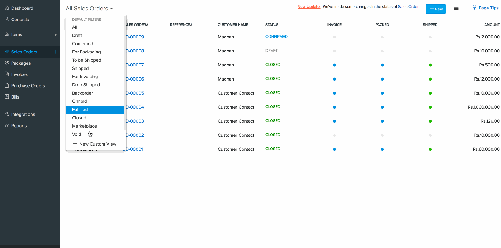 Custom view of sales orders