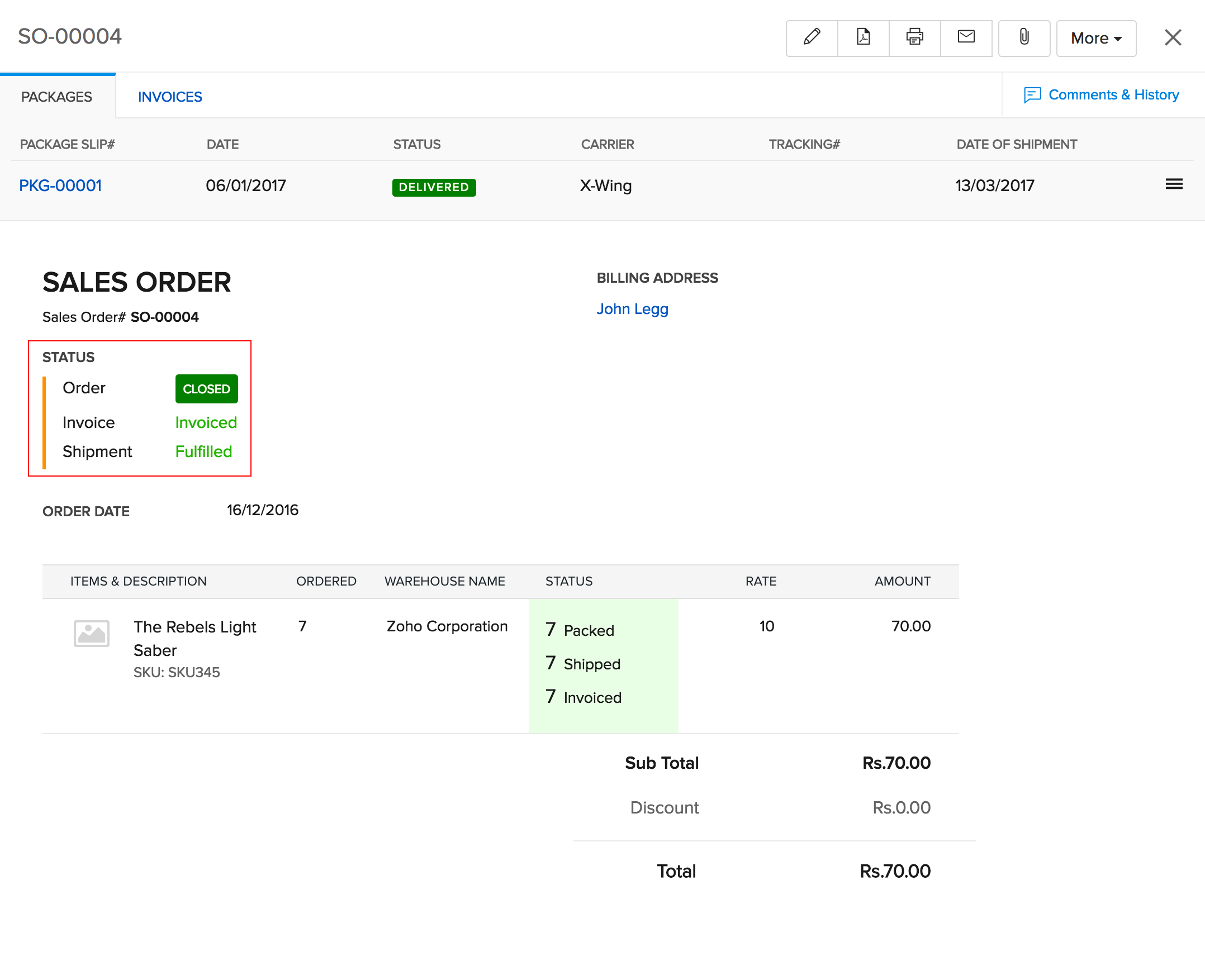 Image of the Sales Order status in details