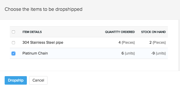 Screen shot of the drop shipment option