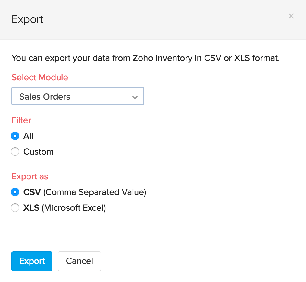 Export Sales Orders page