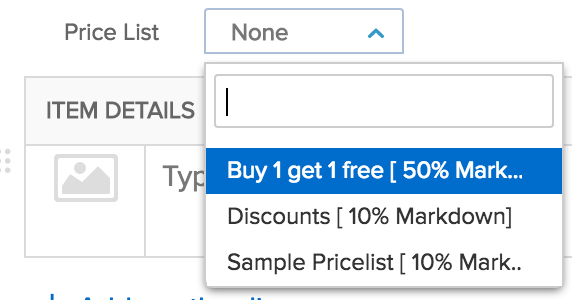 Screen shot of pricelist drop down