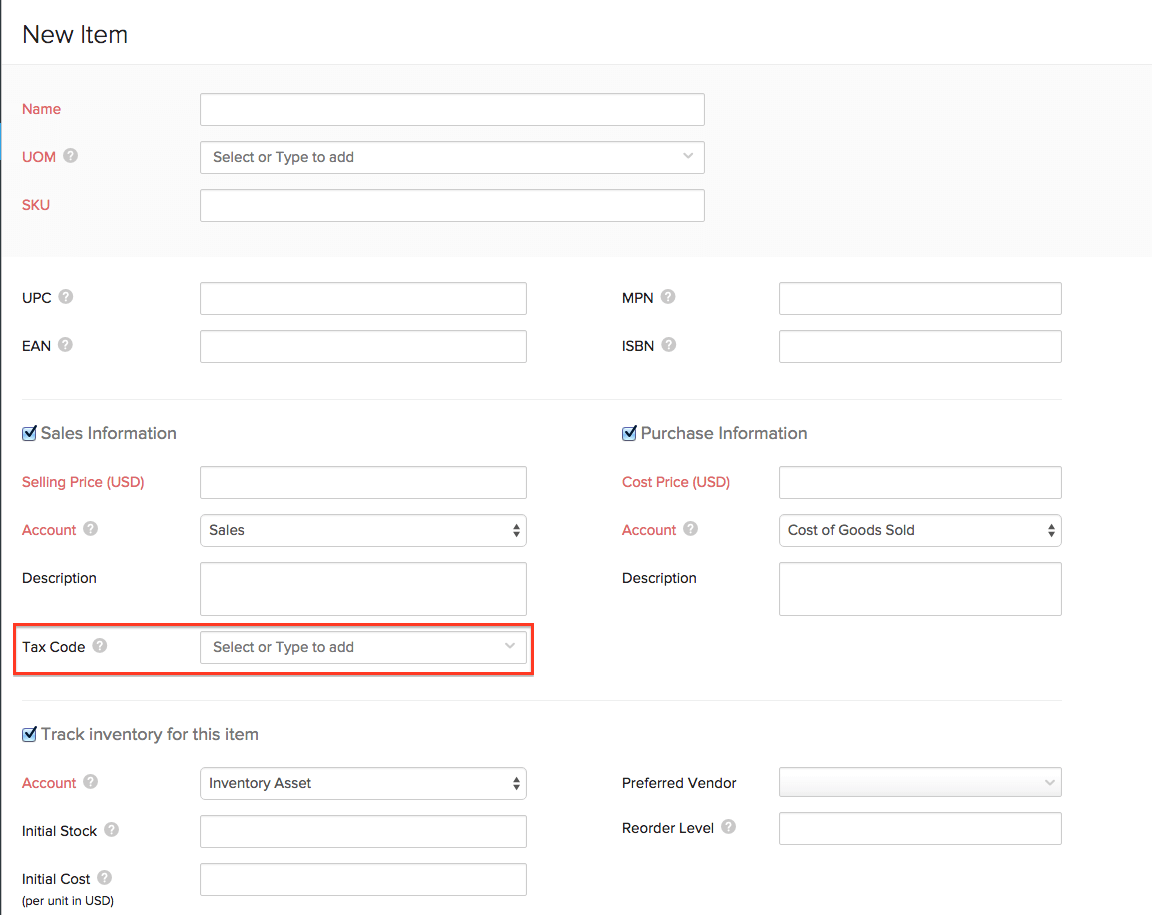 Tax codes for an item