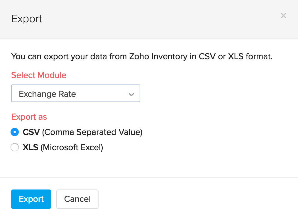 Screenshot of exporting exchange rates