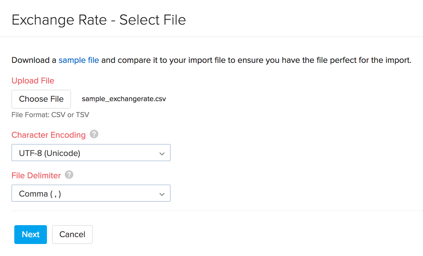 Screen shot for importing exchange rates