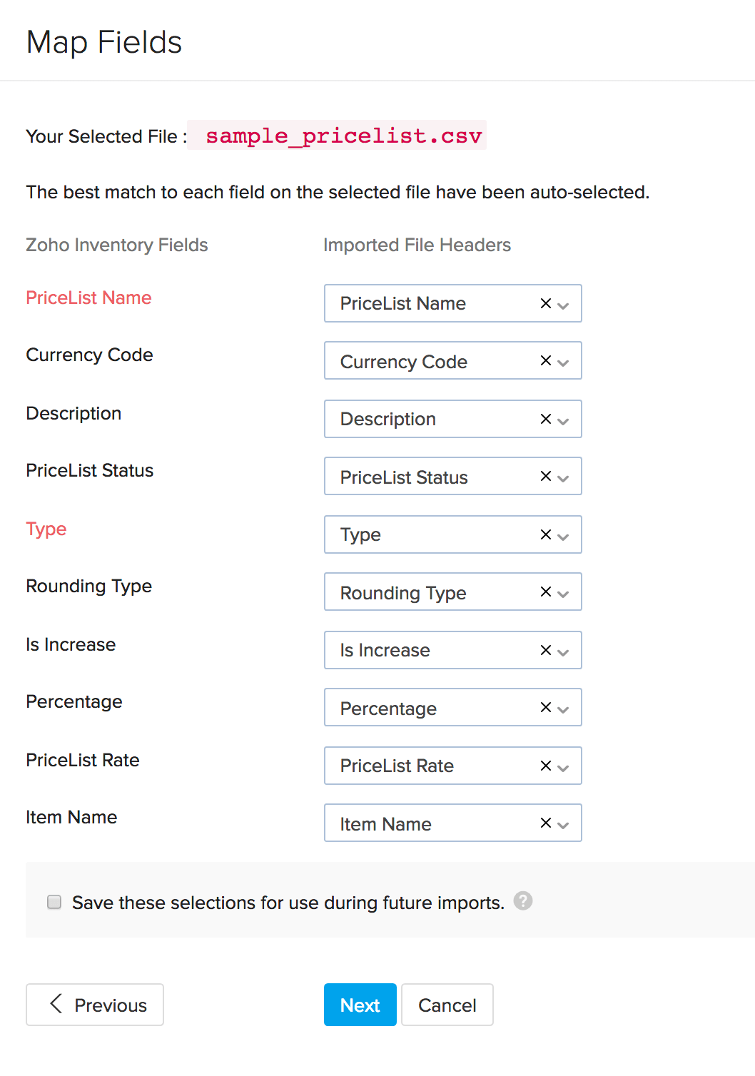 price lists mapping fields page