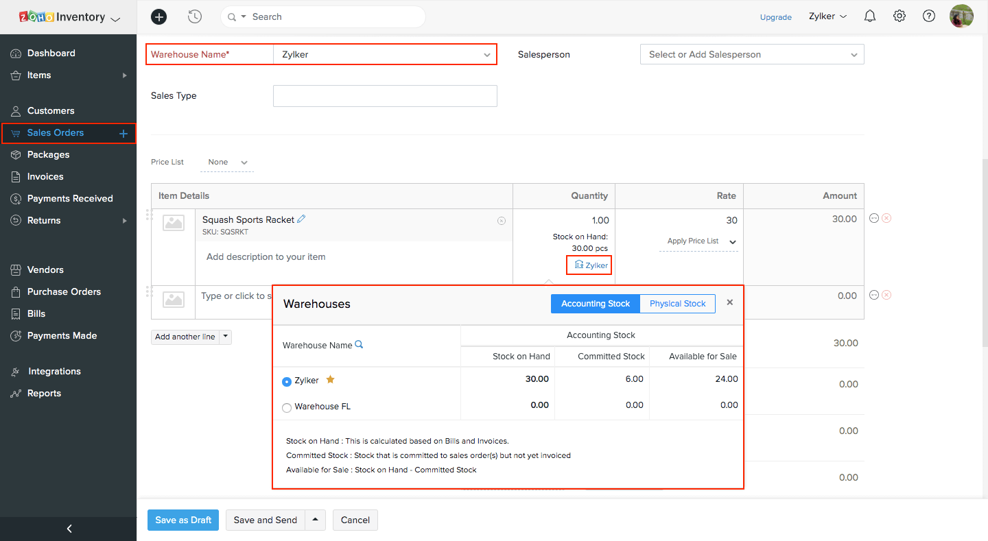 Select warehouse in an SO