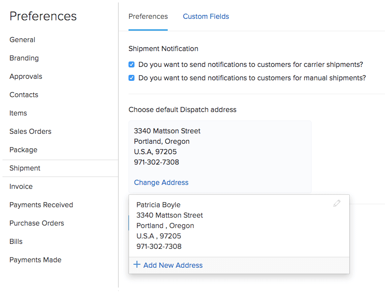 Shipping Preferences - Default dispatch address