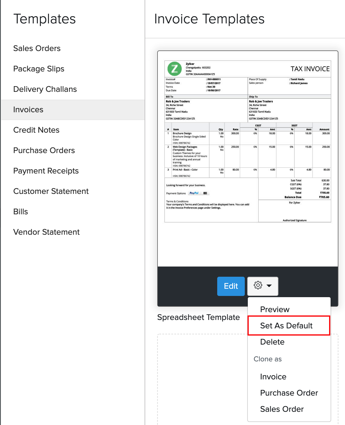 Set default template:: Knowledge Base Zoho Inventory