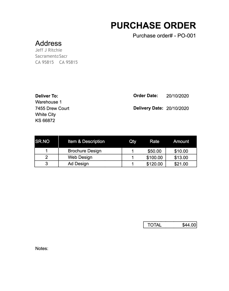 Standard Purchase Order Template | Purchase Order