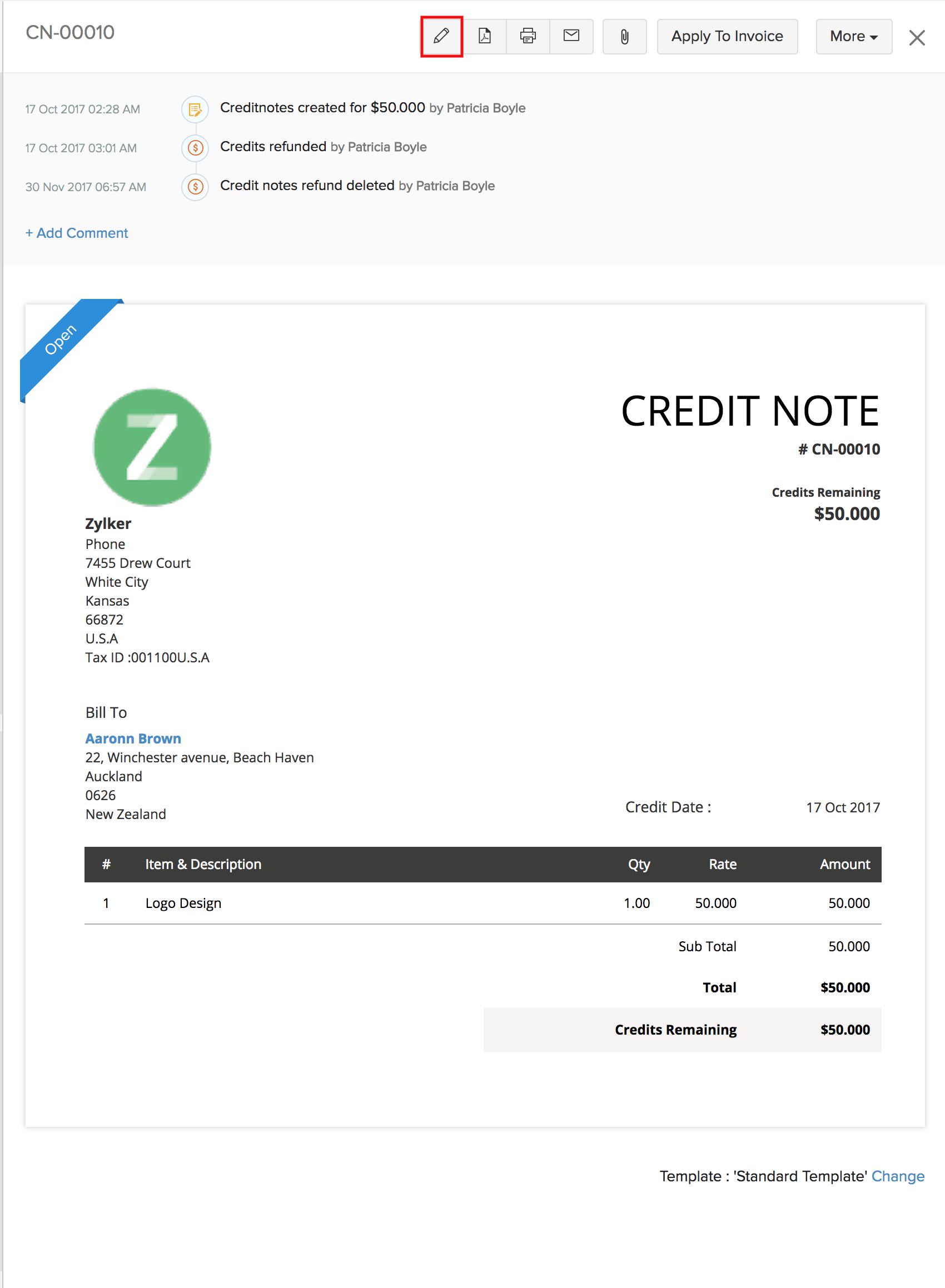 Create Credit Notes | Help - Zoho Invoice