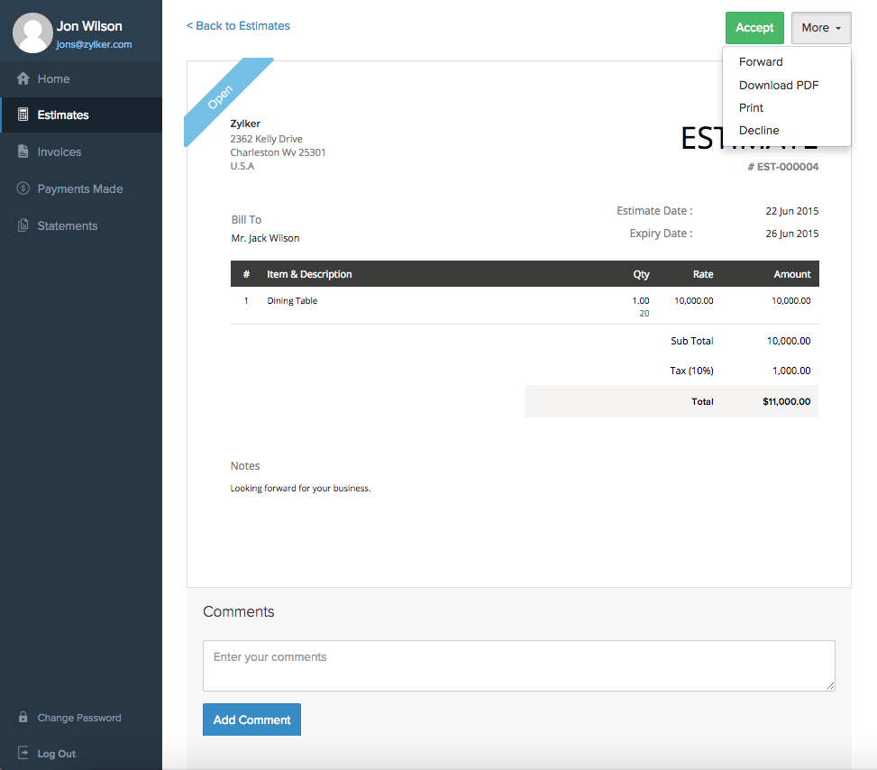 Declining Estimate in customer portal