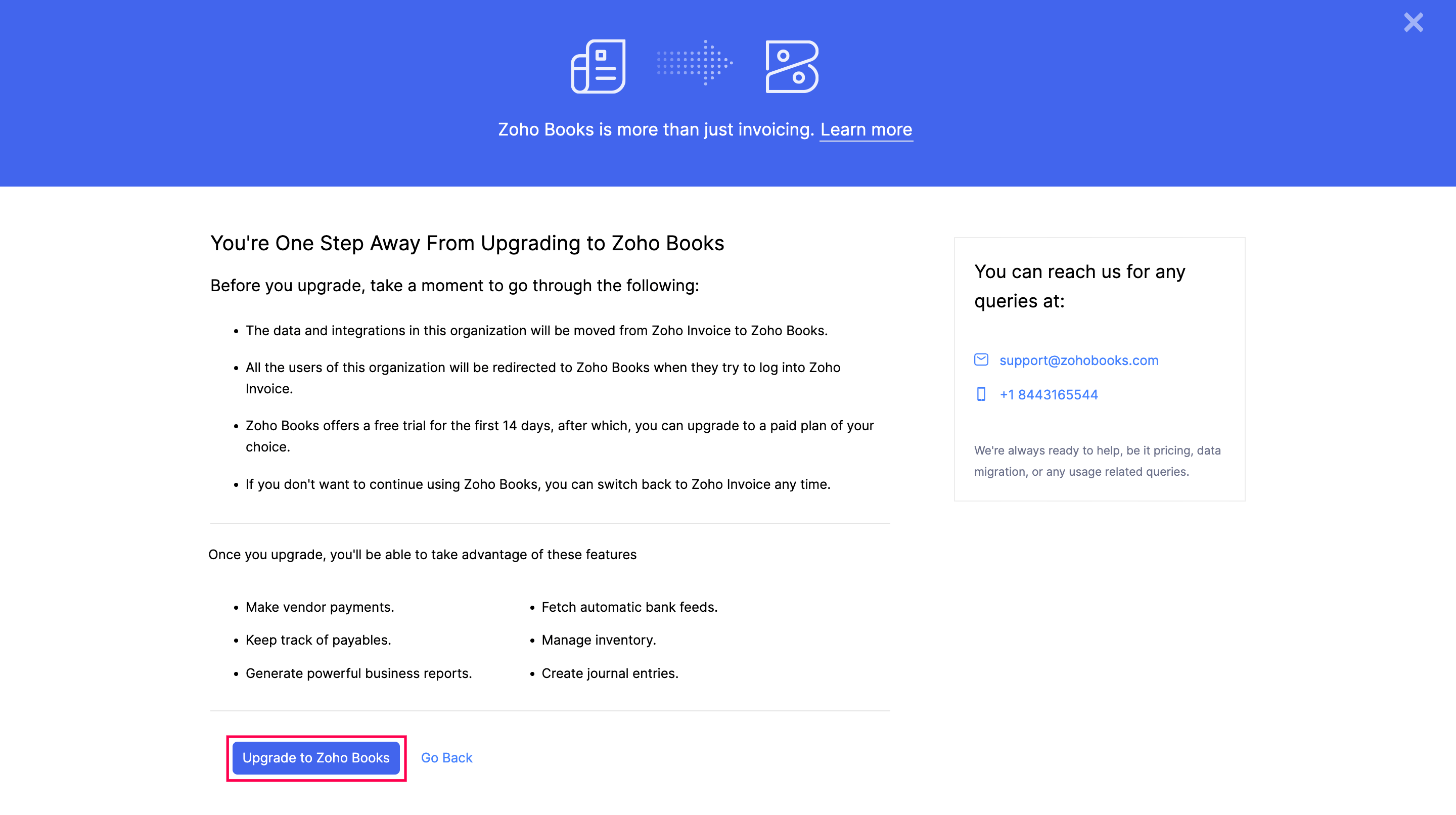 Upgrade to Zoho Books