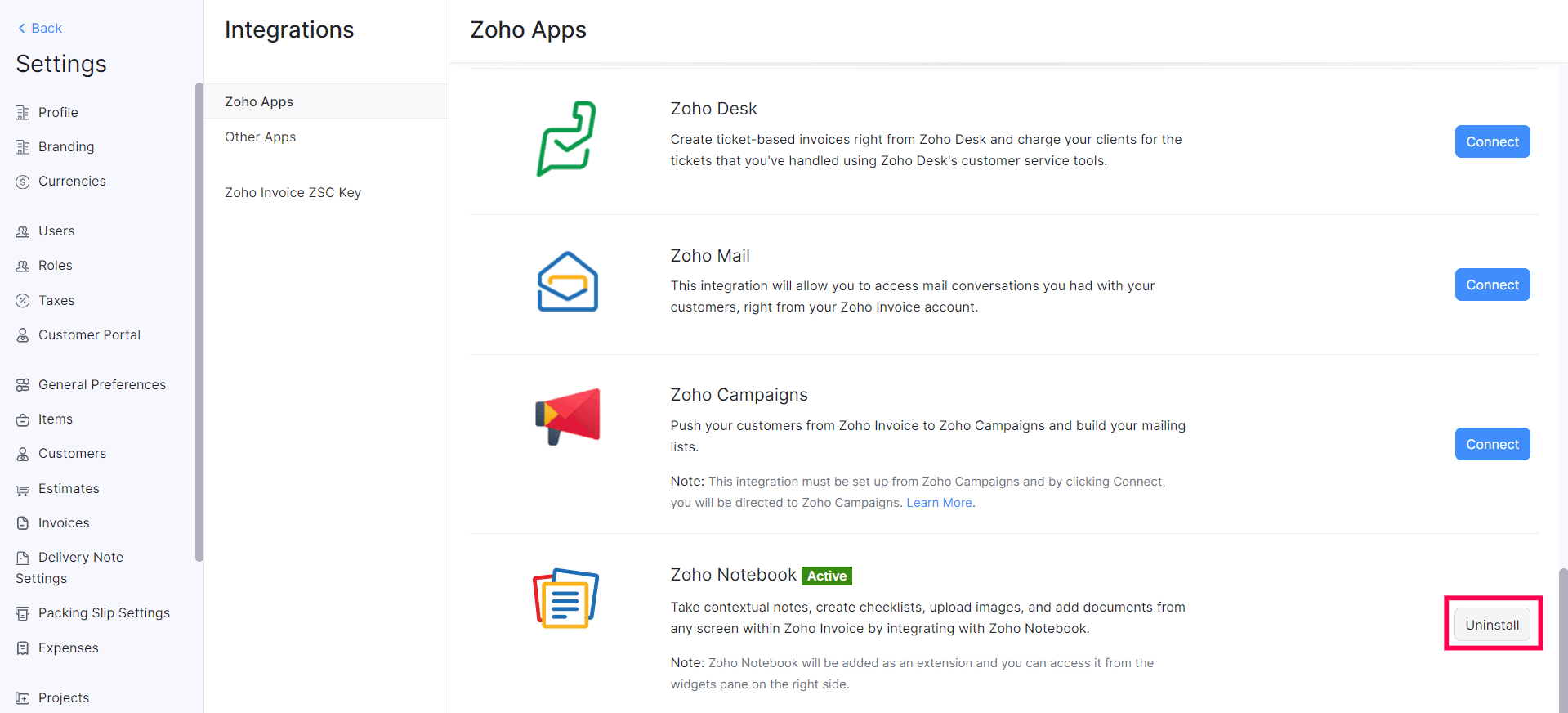 Click Uninstall next to Zoho Notebook