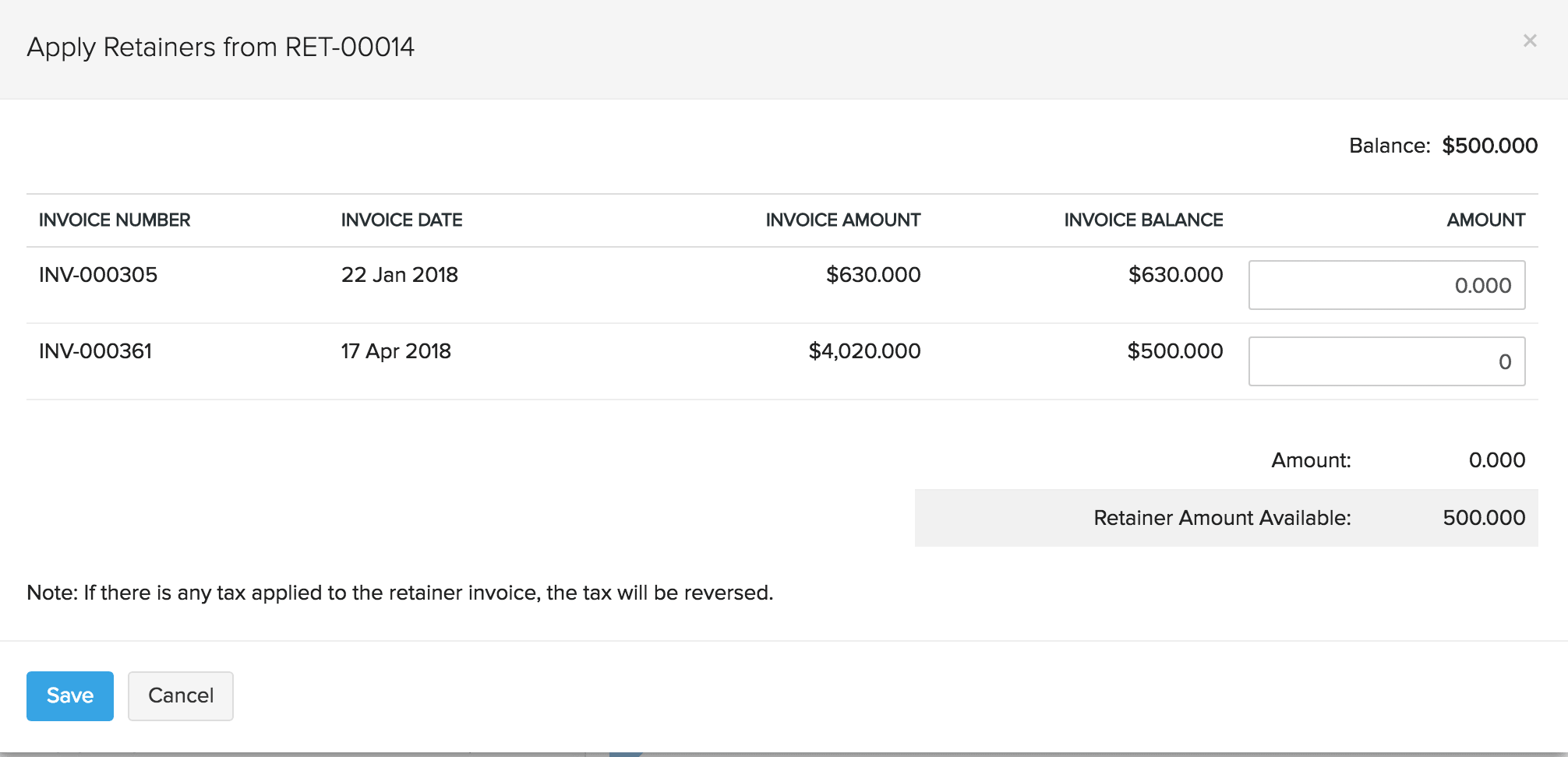 Retainer to Multiple Invoice