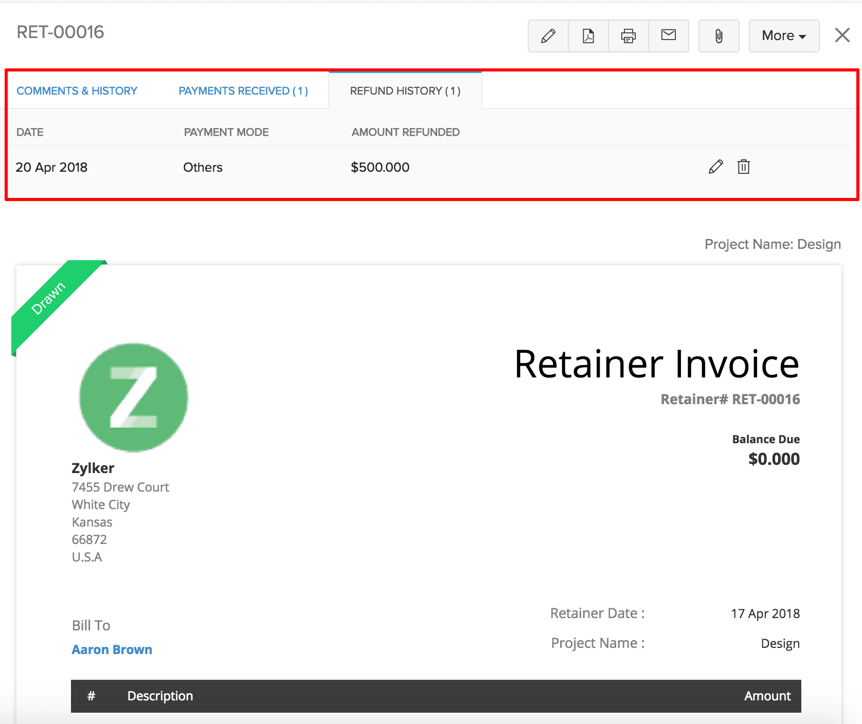 refund draft bank for retainer   invoices Help  Refunds Zoho Invoice