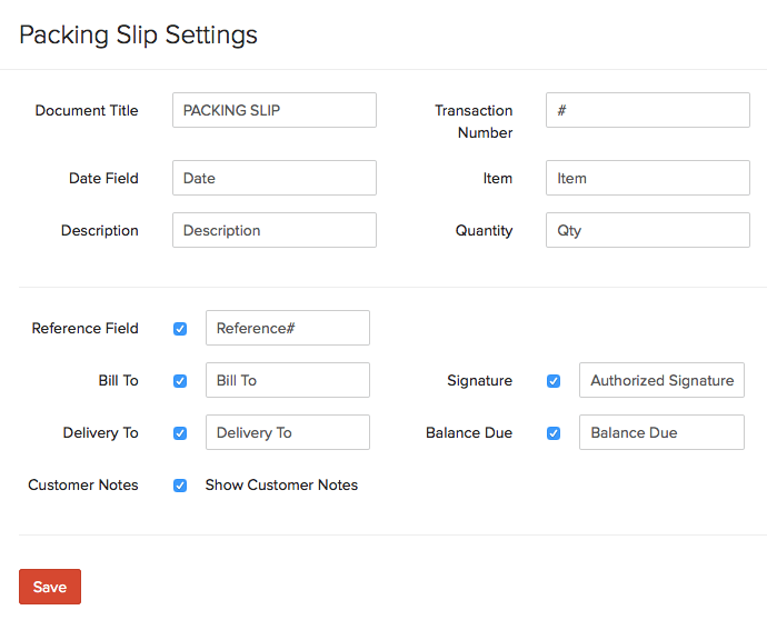 Packing Slip Settings Preferences