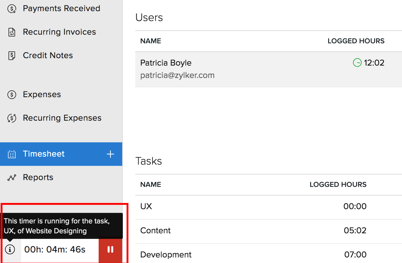 Timesheet Timer Running